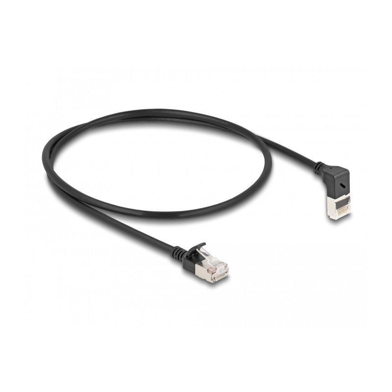 Delock RJ45 Netzwerkkabel Cat.6A S/FTP Slim 90° oben gewinkelt / gerade 0,5 m schwarz