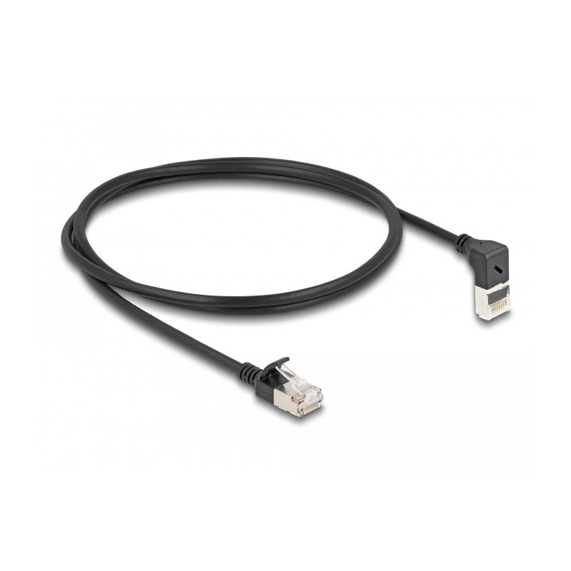 Delock RJ45 Netzwerkkabel Cat.6A S/FTP Slim 90° oben gewinkelt / gerade 1 m schwarz