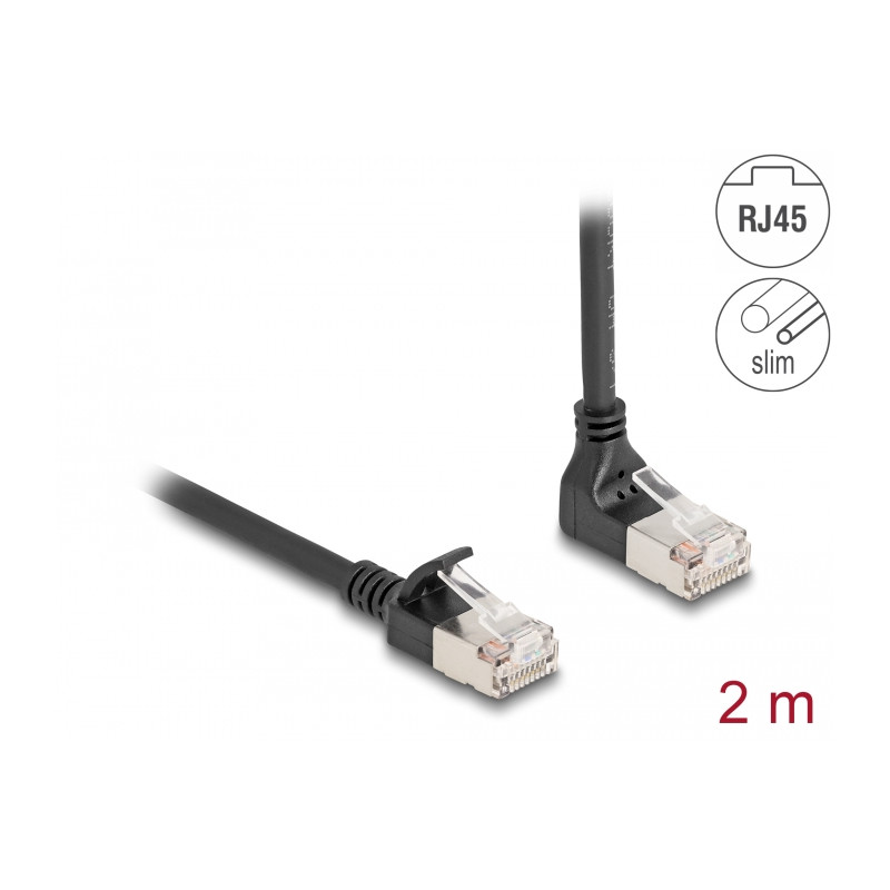 Delock RJ45 Netzwerkkabel Cat.6A S/FTP Slim 90° oben gewinkelt / gerade 2 m schwarz