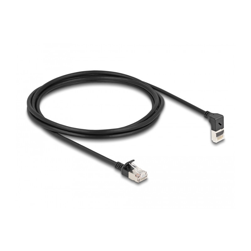 Delock RJ45 Netzwerkkabel Cat.6A S/FTP Slim 90° oben gewinkelt / gerade 2 m schwarz