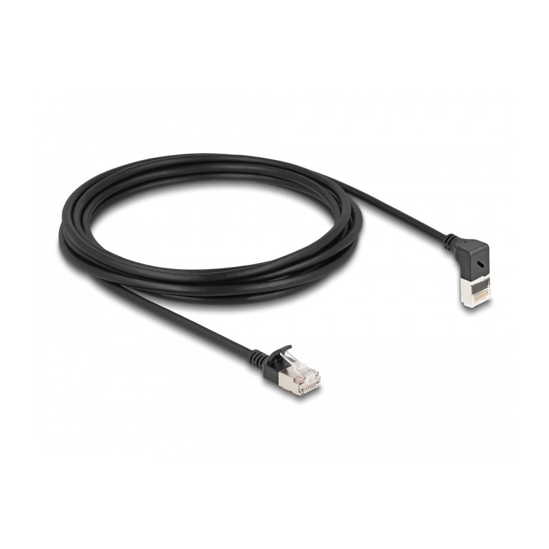 Delock RJ45 Netzwerkkabel Cat.6A S/FTP Slim 90° oben gewinkelt / gerade 3 m schwarz