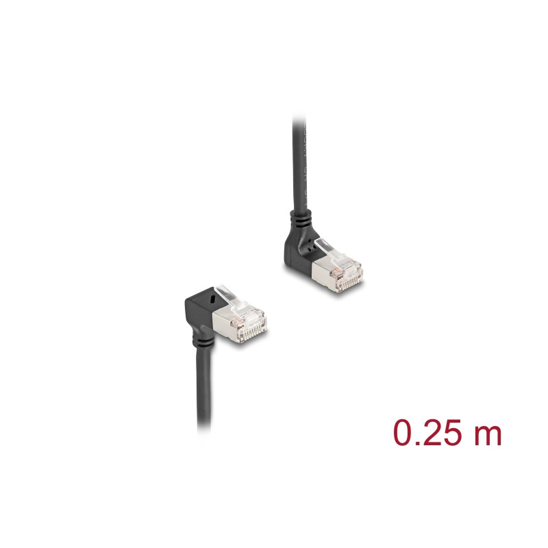 Delock RJ45 Netzwerkkabel Cat.6A S/FTP Slim 90° oben / unten gewinkelt 0,25 m schwarz