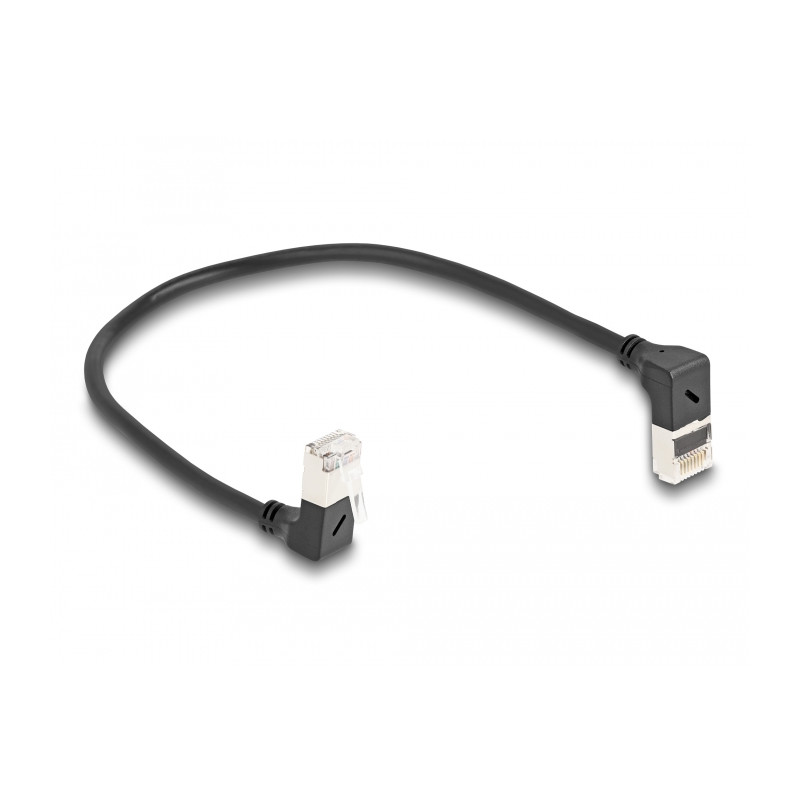 Delock RJ45 Netzwerkkabel Cat.6A S/FTP Slim 90° oben / unten gewinkelt 0,25 m schwarz