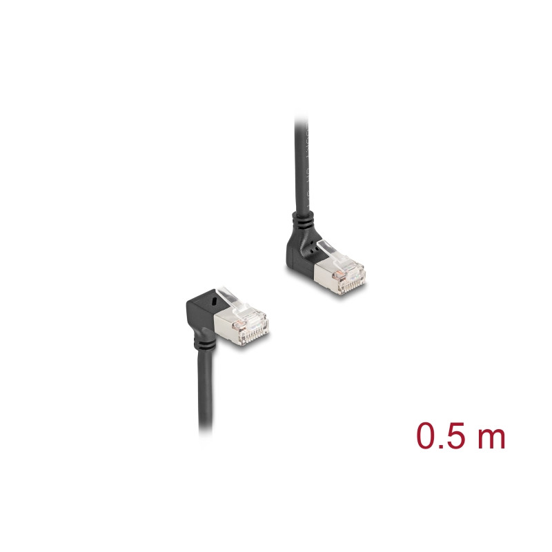 Delock RJ45 Netzwerkkabel Cat.6A S/FTP Slim 90° oben / unten gewinkelt 0,5 m schwarz