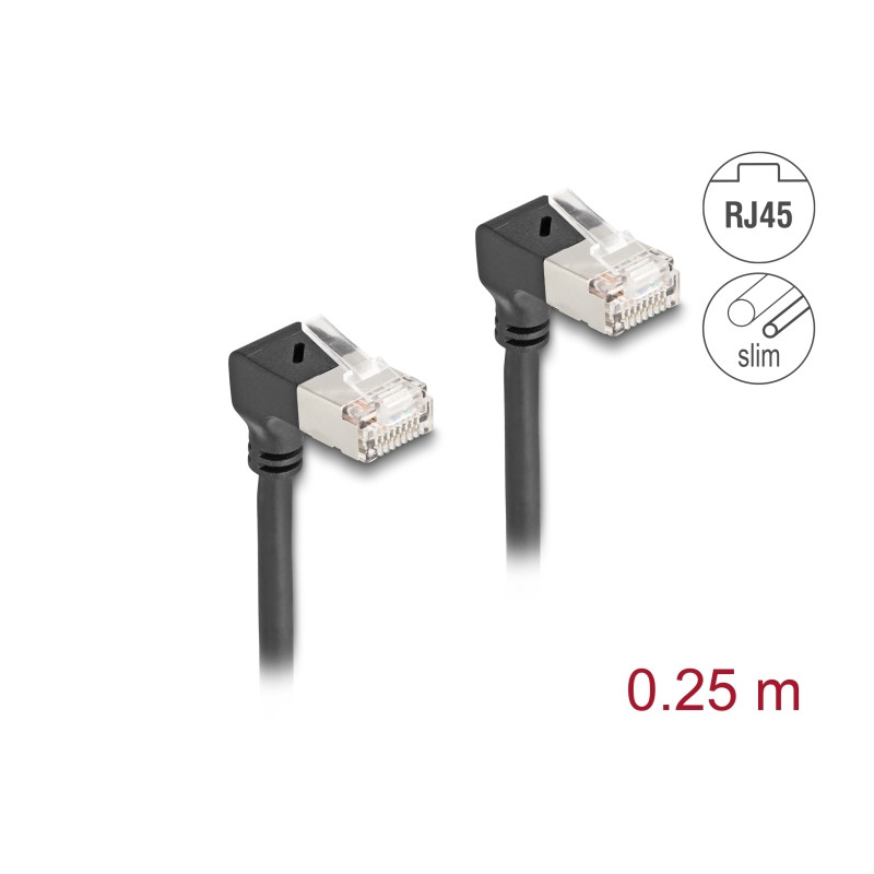 Delock RJ45 Netzwerkkabel Cat.6A S/FTP Slim 90° unten / unten gewinkelt 0,25 m schwarz