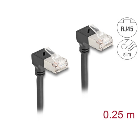 Delock RJ45 Netzwerkkabel Cat.6A S/FTP Slim 90° unten / unten gewinkelt 0,25 m schwarz