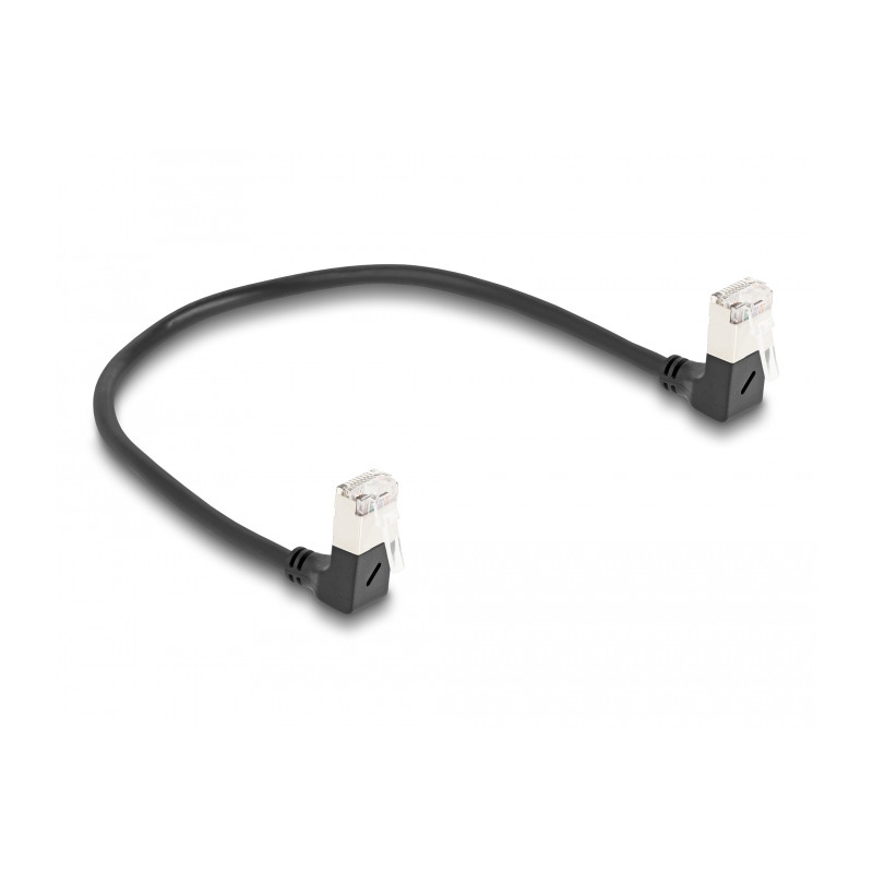 Delock RJ45 Netzwerkkabel Cat.6A S/FTP Slim 90° unten / unten gewinkelt 0,25 m schwarz