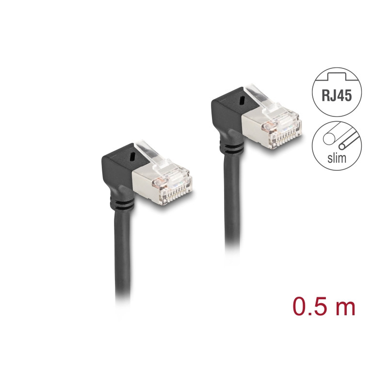 Delock RJ45 Netzwerkkabel Cat.6A S/FTP Slim 90° unten / unten gewinkelt 0,5 m schwarz