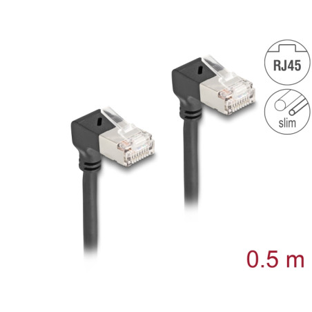 Delock RJ45 Netzwerkkabel Cat.6A S/FTP Slim 90° unten / unten gewinkelt 0,5 m schwarz
