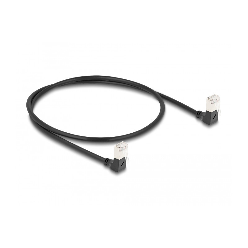 Delock RJ45 Netzwerkkabel Cat.6A S/FTP Slim 90° unten / unten gewinkelt 0,5 m schwarz