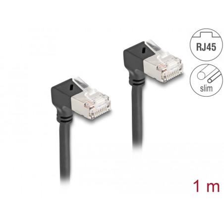 Delock RJ45 Netzwerkkabel Cat.6A S/FTP Slim 90° unten / unten gewinkelt 1 m schwarz