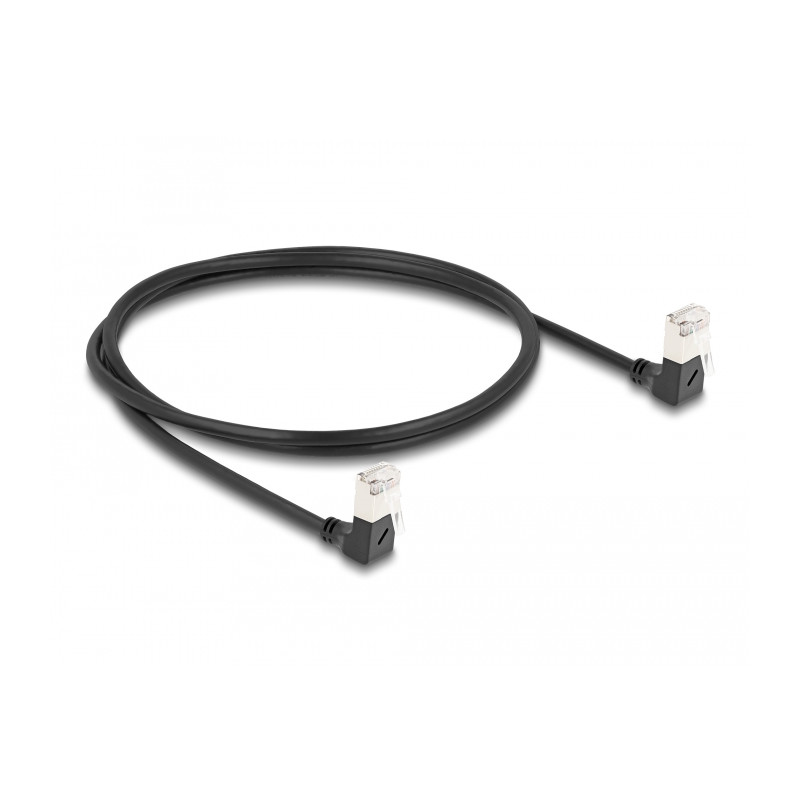 Delock RJ45 Netzwerkkabel Cat.6A S/FTP Slim 90° unten / unten gewinkelt 1 m schwarz