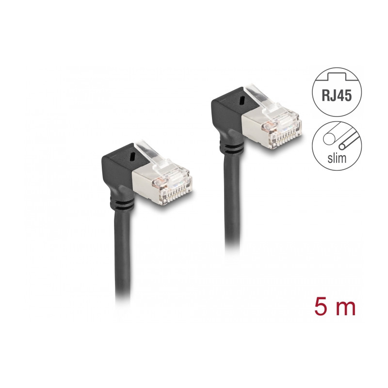 Delock RJ45 Netzwerkkabel Cat.6A S/FTP Slim 90° unten / unten gewinkelt 5 m schwarz