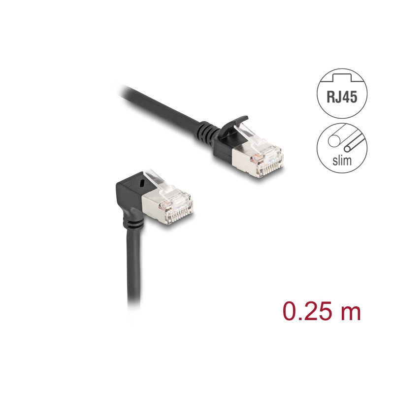 Delock RJ45 Netzwerkkabel Cat.6A S/FTP Slim 90° unten gewinkelt / gerade 0,25 m schwarz