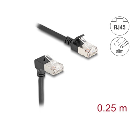 Delock RJ45 Netzwerkkabel Cat.6A S/FTP Slim 90° unten gewinkelt / gerade 0,25 m schwarz