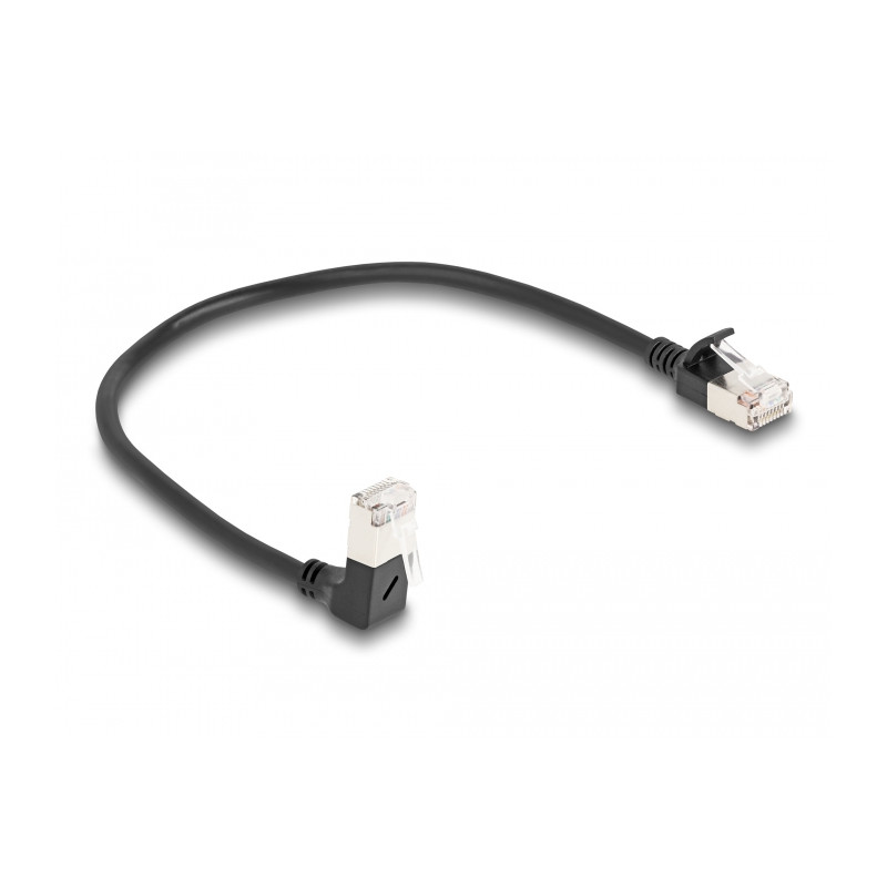 Delock RJ45 Netzwerkkabel Cat.6A S/FTP Slim 90° unten gewinkelt / gerade 0,25 m schwarz