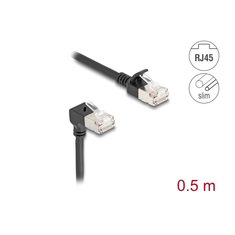 Delock RJ45 Netzwerkkabel Cat.6A S/FTP Slim 90° unten gewinkelt / gerade 0,5 m schwarz