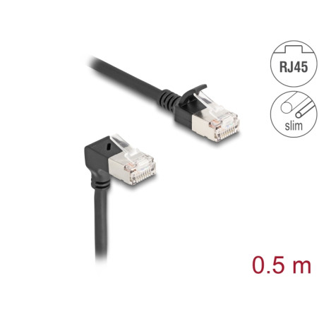 Delock RJ45 Netzwerkkabel Cat.6A S/FTP Slim 90° unten gewinkelt / gerade 0,5 m schwarz