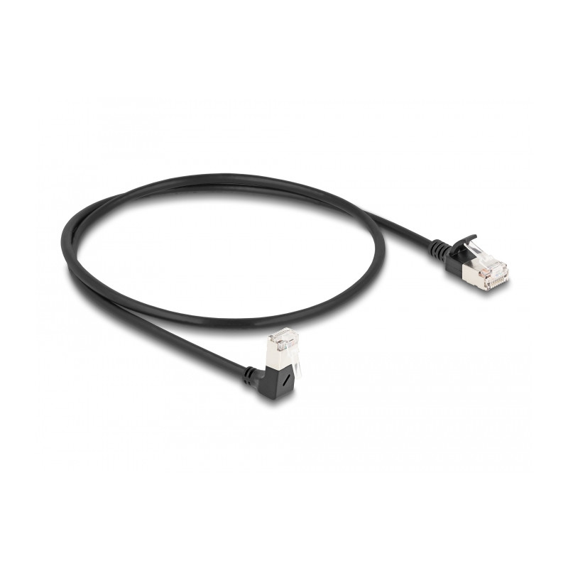 Delock RJ45 Netzwerkkabel Cat.6A S/FTP Slim 90° unten gewinkelt / gerade 0,5 m schwarz