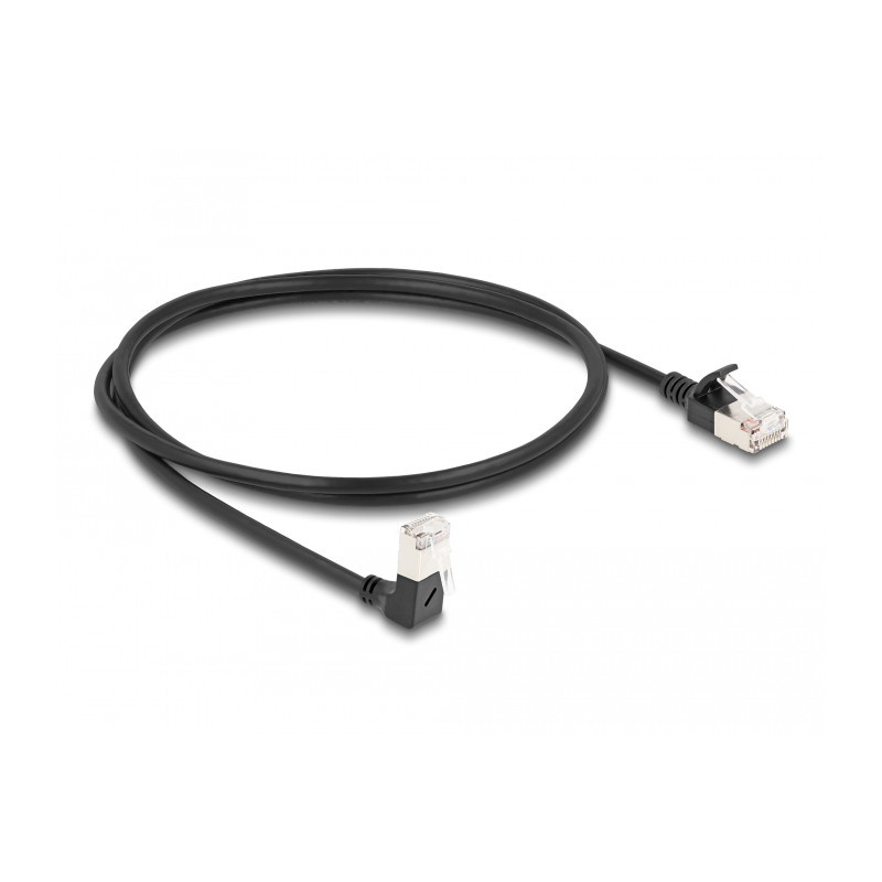 Delock RJ45 Netzwerkkabel Cat.6A S/FTP Slim 90° unten gewinkelt / gerade 1 m schwarz