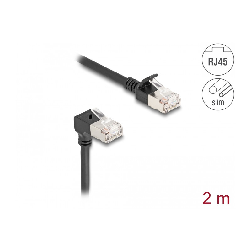 Delock RJ45 Netzwerkkabel Cat.6A S/FTP Slim 90° unten gewinkelt / gerade 2 m schwarz