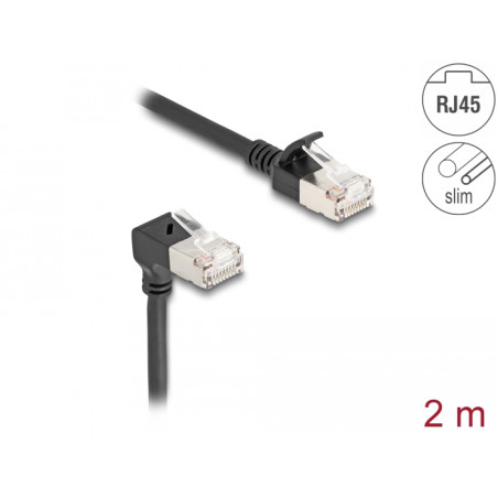 Delock RJ45 Netzwerkkabel Cat.6A S/FTP Slim 90° unten gewinkelt / gerade 2 m schwarz