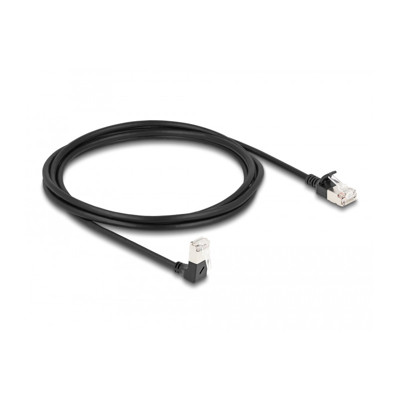 Delock RJ45 Netzwerkkabel Cat.6A S/FTP Slim 90° unten gewinkelt / gerade 2 m schwarz