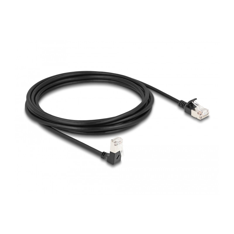 Delock RJ45 Netzwerkkabel Cat.6A S/FTP Slim 90° unten gewinkelt / gerade 3 m schwarz