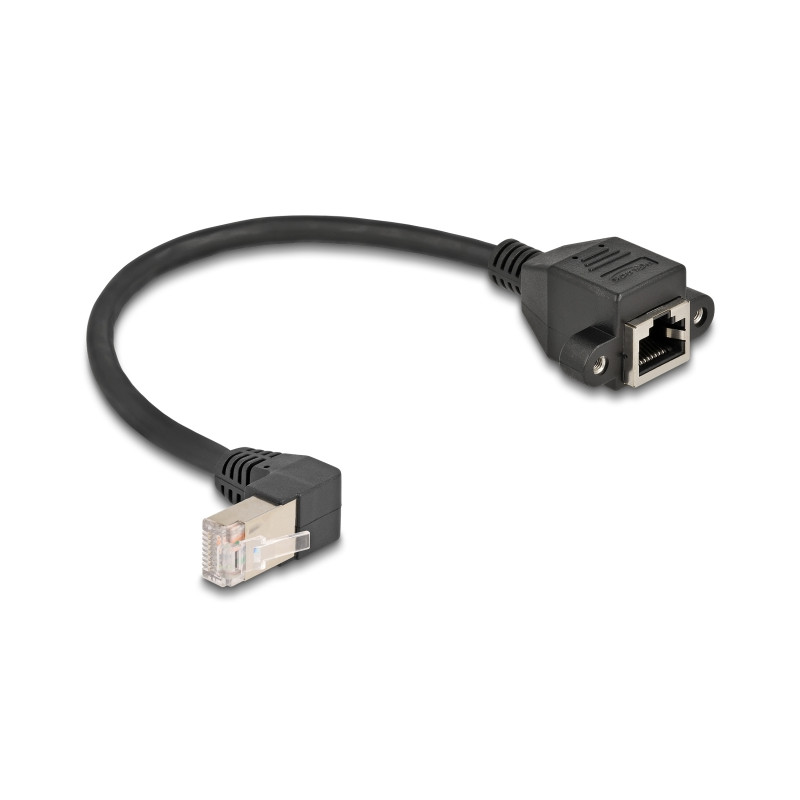 Delock Netzwerk Verlängerungskabel S/FTP Stecker RJ45 Stecker 90° gewinkelt zu RJ45 Einbaubuchse Cat.6A 0,25 m schwarz