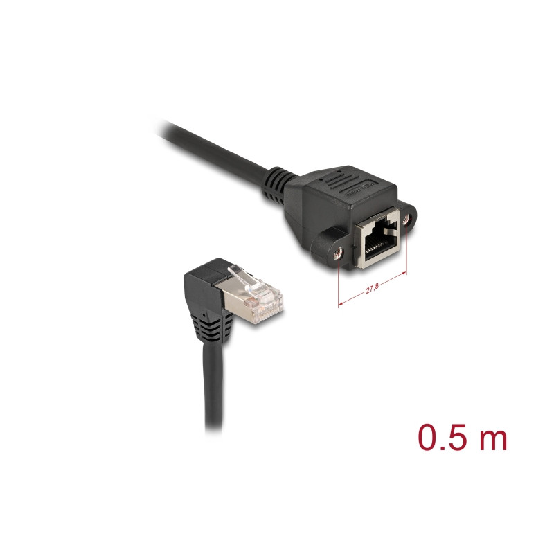 Delock Netzwerk Verlängerungskabel S/FTP RJ45 Stecker 90° gewinkelt zu RJ45 Einbaubuchse Cat.6A 0,5 m schwarz