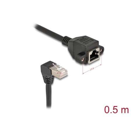Delock Netzwerk Verlängerungskabel S/FTP RJ45 Stecker 90° gewinkelt zu RJ45 Einbaubuchse Cat.6A 0,5 m schwarz