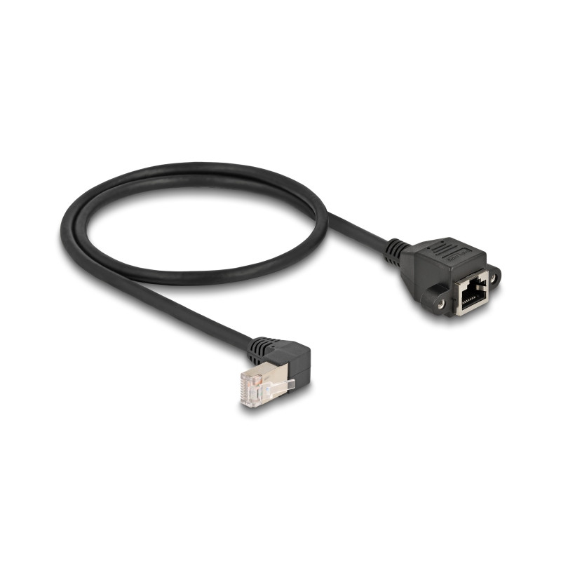 Delock Netzwerk Verlängerungskabel S/FTP RJ45 Stecker 90° gewinkelt zu RJ45 Einbaubuchse Cat.6A 0,5 m schwarz