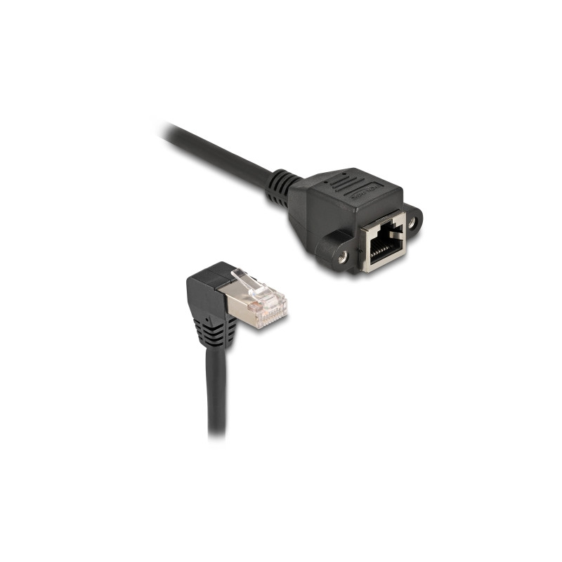 Delock Netzwerk Verlängerungskabel S/FTP RJ45 Stecker 90° gewinkelt zu RJ45 Einbaubuchse Cat.6A 0,5 m schwarz