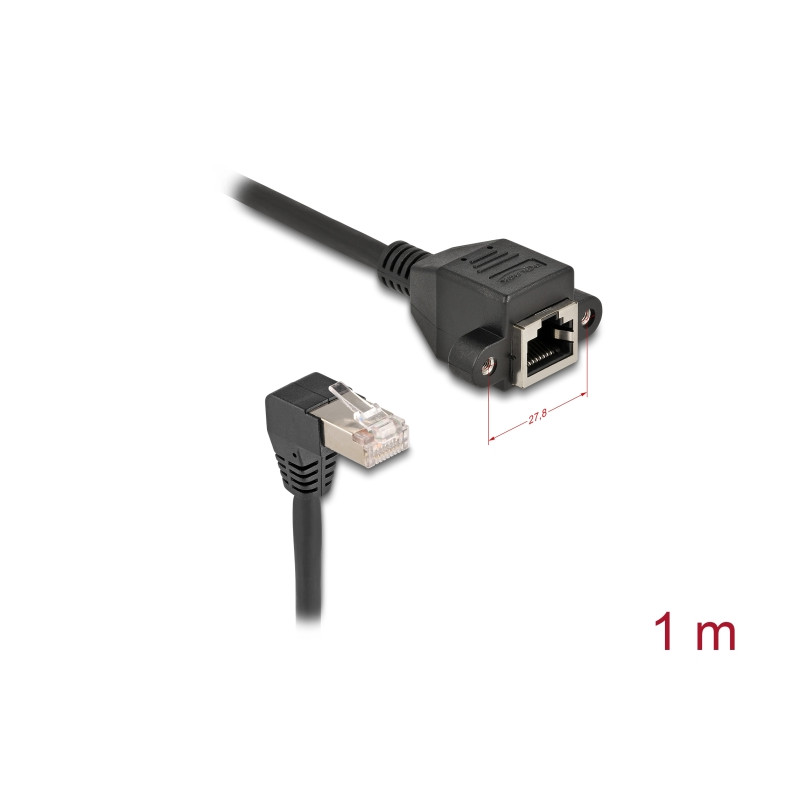 Delock Netzwerk Verlängerungskabel S/FTP Stecker RJ45 Stecker 90° gewinkelt zu RJ45 Einbaubuchse Cat.6A 1 m schwarz