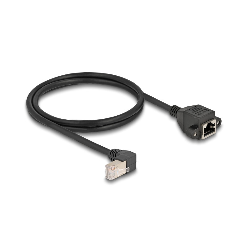 Delock Netzwerk Verlängerungskabel S/FTP Stecker RJ45 Stecker 90° gewinkelt zu RJ45 Einbaubuchse Cat.6A 1 m schwarz