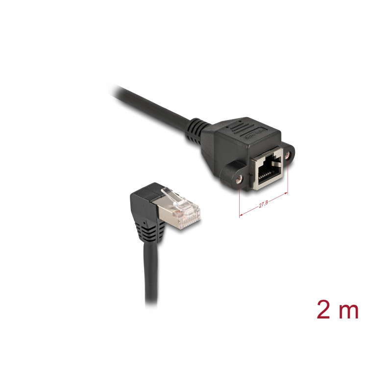 Delock Netzwerk Verlängerungskabel S/FTP Stecker RJ45 Stecker 90° gewinkelt zu RJ45 Einbaubuchse Cat.6A 2 m schwarz