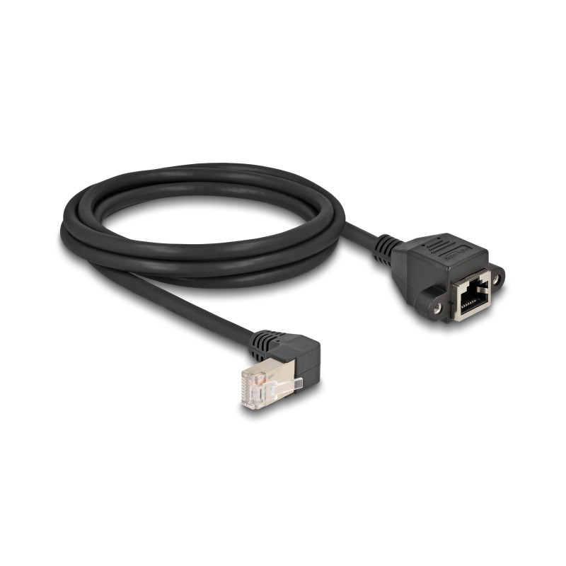 Delock Netzwerk Verlängerungskabel S/FTP Stecker RJ45 Stecker 90° gewinkelt zu RJ45 Einbaubuchse Cat.6A 2 m schwarz