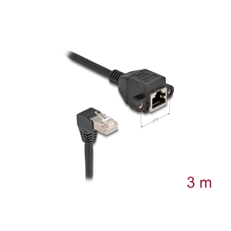 Delock Netzwerk Verlängerungskabel S/FTP Stecker RJ45 Stecker 90° gewinkelt zu RJ45 Einbaubuchse Cat.6A 3 m schwarz