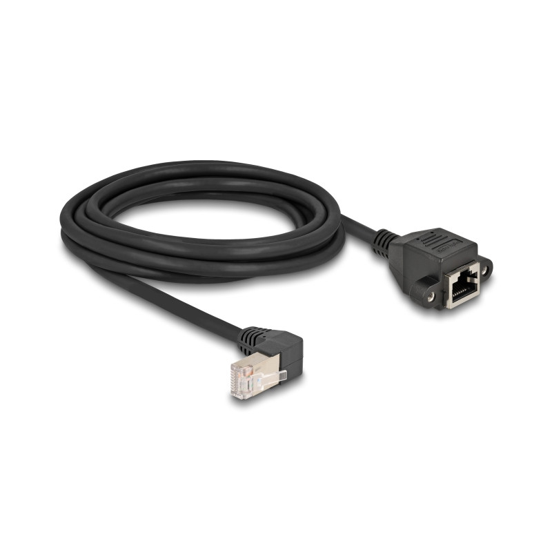 Delock Netzwerk Verlängerungskabel S/FTP Stecker RJ45 Stecker 90° gewinkelt zu RJ45 Einbaubuchse Cat.6A 3 m schwarz