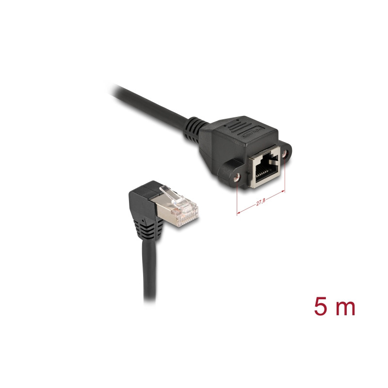 Delock Netzwerk Verlängerungskabel S/FTP Stecker RJ45 Stecker 90° gewinkelt zu RJ45 Einbaubuchse Cat.6A 5 m schwarz