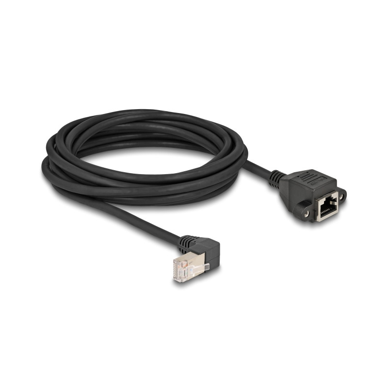 Delock Netzwerk Verlängerungskabel S/FTP Stecker RJ45 Stecker 90° gewinkelt zu RJ45 Einbaubuchse Cat.6A 5 m schwarz