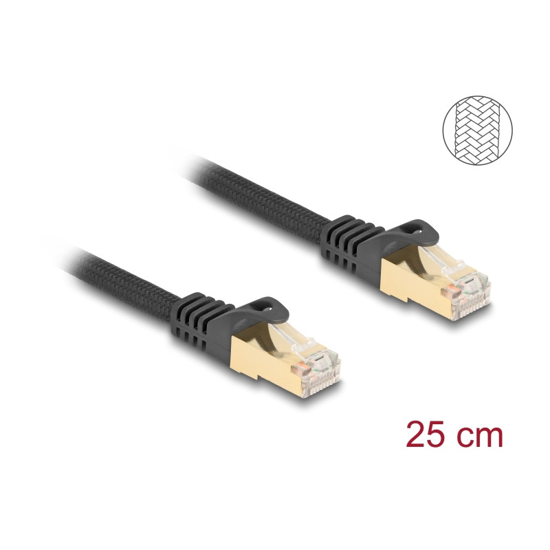 Delock RJ45 Netzwerkkabel mit Geflechtmantel Cat.6A S/FTP Stecker zu Stecker 0,25 m schwarz