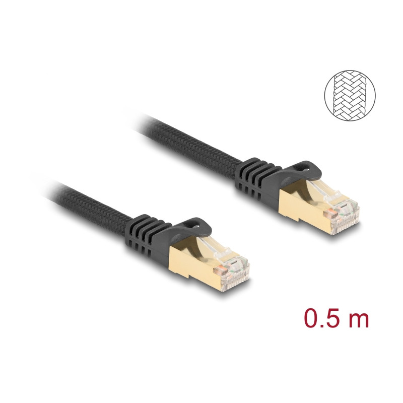 Delock RJ45 Netzwerkkabel mit Geflechtmantel Cat.6A S/FTP Stecker zu Stecker 0,5 m schwarz