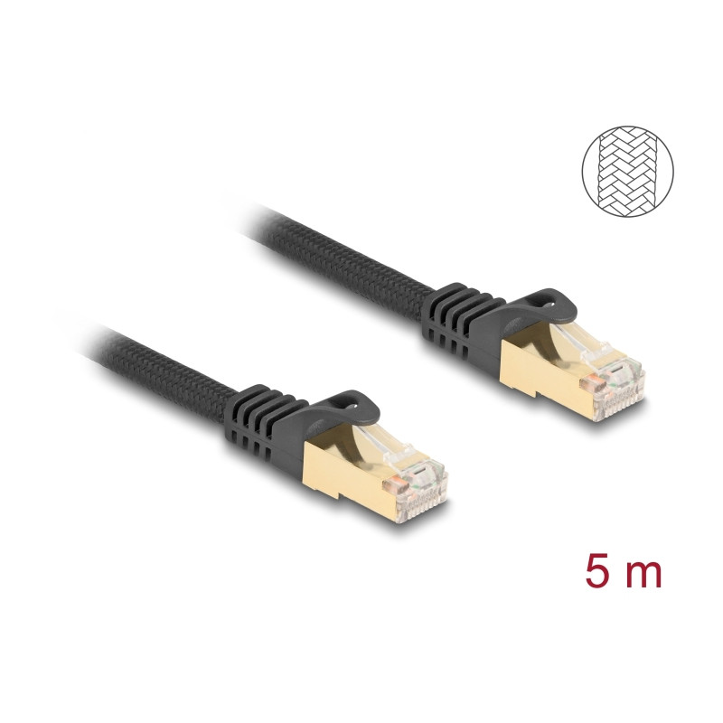 Delock RJ45 Netzwerkkabel mit Geflechtmantel Cat.6A S/FTP Stecker zu Stecker 5 m schwarz