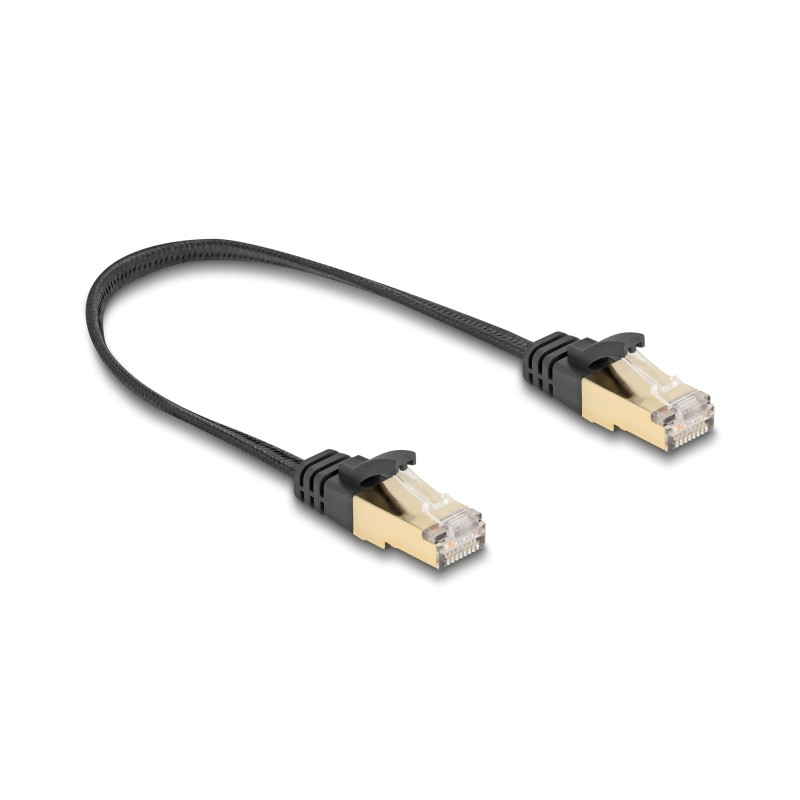 Delock RJ45 Flachband Netzwerkkabel mit Geflechtmantel Cat.6A U/FTP Stecker zu Stecker 0,25 m schwarz