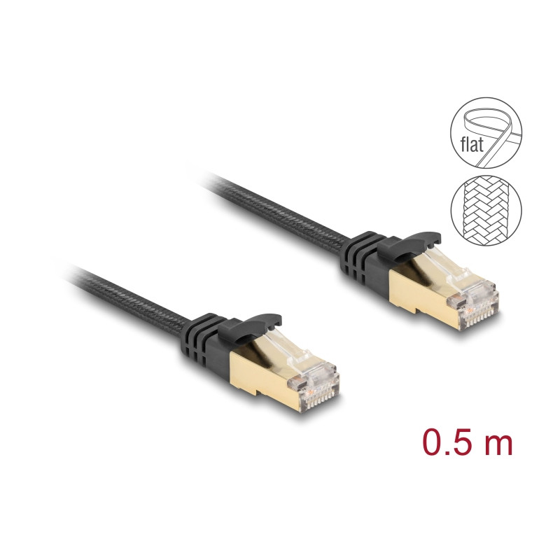Delock RJ45 Flachband Netzwerkkabel mit Geflechtmantel Cat.6A U/FTP Stecker zu Stecker 0,5 m schwarz