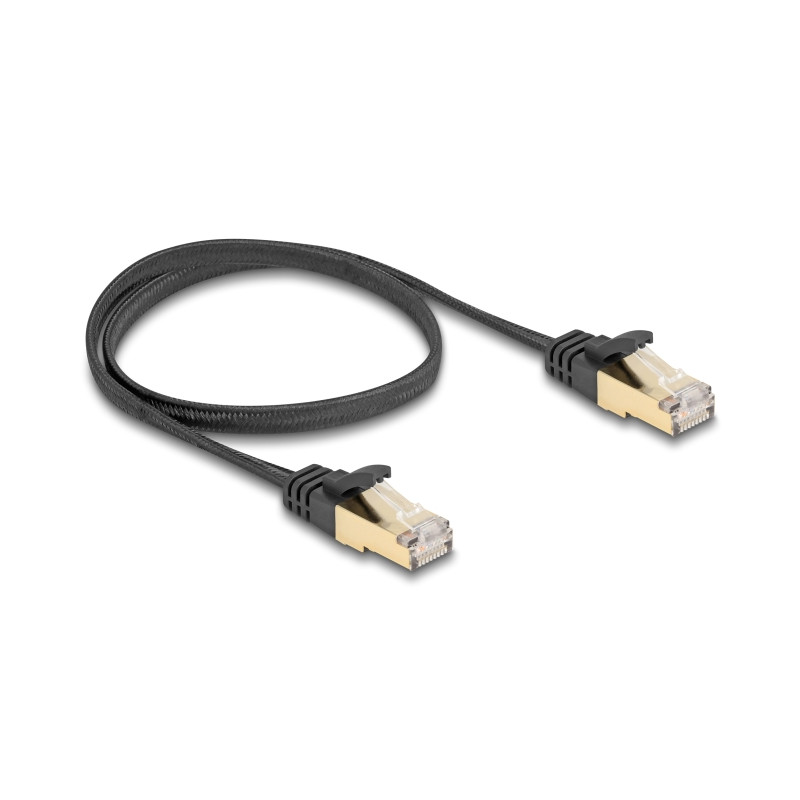 Delock RJ45 Flachband Netzwerkkabel mit Geflechtmantel Cat.6A U/FTP Stecker zu Stecker 0,5 m schwarz
