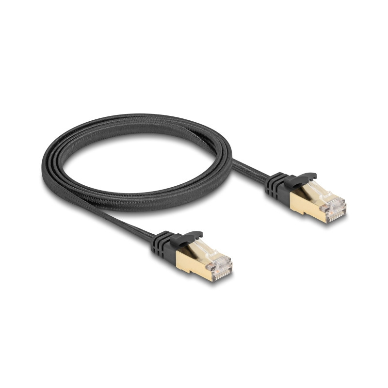 Delock RJ45 Flachband Netzwerkkabel mit Geflechtmantel Cat.6A U/FTP Stecker zu Stecker 1 m schwarz