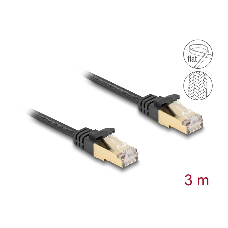 Delock RJ45 Flachband Netzwerkkabel mit Geflechtmantel Cat.6A U/FTP Stecker zu Stecker 3 m schwarz