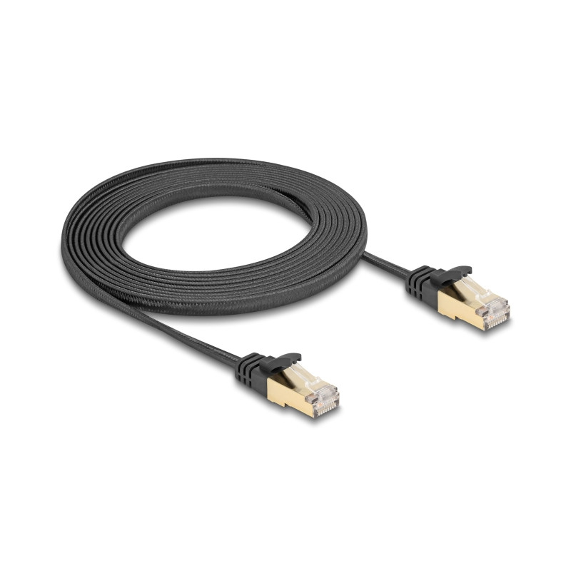 Delock RJ45 Flachband Netzwerkkabel mit Geflechtmantel Cat.6A U/FTP Stecker zu Stecker 3 m schwarz